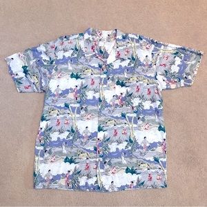 Cherokee Waikiki Mens Hawaiian Camp Shirt Size XL Blue White Relaxed Fit Tropics